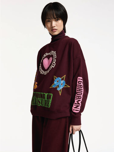 ESSENTIEL ANTWERP-Felpa Girocollo in Cotone con Stampe Bordeaux-TRYME Shop