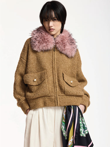ESSENTIEL ANTWERP-Bomber in Maglia Bouclè con Pelliccia Removibile Cammello-TRYME Shop