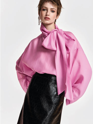 ESSENTIEL ANTWERP-Camicia con Fiocco e mManiche a Sbuffo Rosa-TRYME Shop