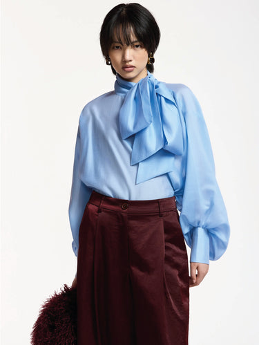 ESSENTIEL ANTWERP-Camicia con Fiocco e Maniche a Sbuffo Blu-TRYME Shop