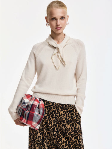 ESSENTIEL ANTWERP-Maglione Misto Cashmere con Colletto e Perline Bianco-TRYME Shop