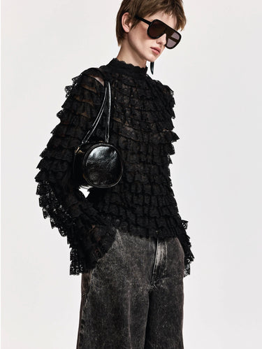 ESSENTIEL ANTWERP-Maglia in Pizzo e Volant Nero-TRYME Shop