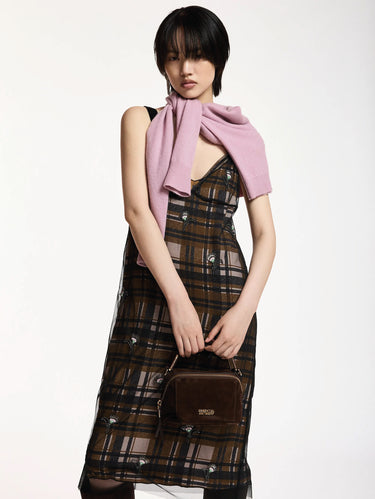 ESSENTIEL ANTWERP-Abito a Quadri in Tulle con Applicazioni Marroni-TRYME Shop