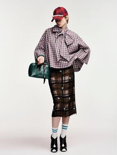 ESSENTIEL ANTWERP-Gonna Dritta in Tulle a Quadri ed Applicazioni Marrone-TRYME Shop