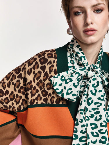 Cardigan Oversize con Stampa Leopardata e Righe Multicolor