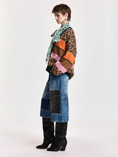 Cardigan Oversize con Stampa Leopardata e Righe Multicolor