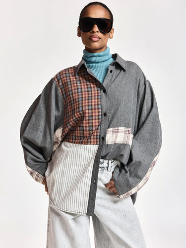 ESSENTIEL ANTWERP-Camicia Oversize con Patchwork Grigio/Marrone-TRYME Shop