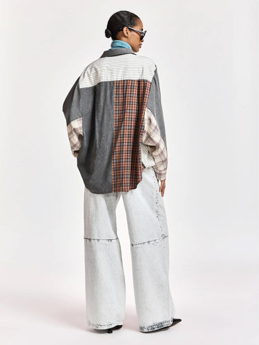 Camicia Oversize con Patchwork Grigio/Marrone