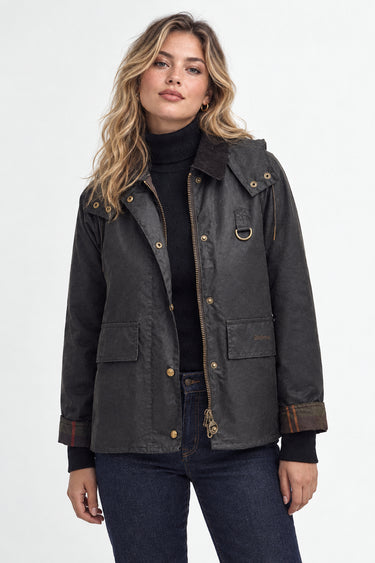 BARBOUR-Giacca in Cotone Cerato con Cappuccio Avon Wax Oliva-TRYME Shop