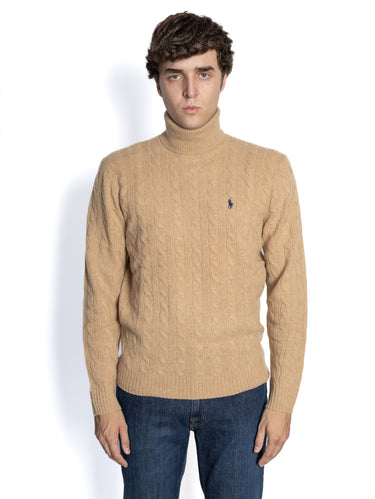 RALPH LAUREN-Maglia Collo Alto a Trecce Cammello-TRYME Shop