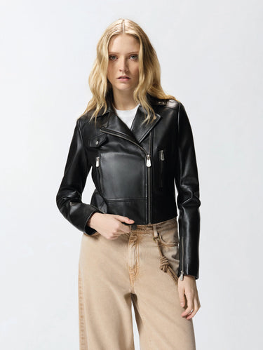 PINKO-Chiodo Stile Biker in Pelle Nero-TRYME Shop
