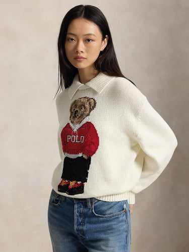 RALPH LAUREN-Maglione In Misto Lino e Cotone con Polo Bear Bianco-TRYME Shop