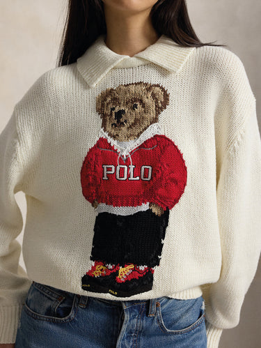 White Linen and Cotton Blend Sweater with Polo Bear