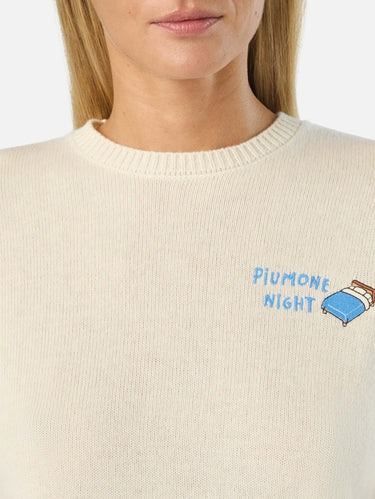 Maglione Girocollo in Misto Lana con Ricamo Piumone Night Bianco