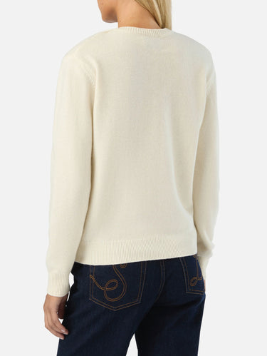 Maglione Girocollo in Misto Lana con Ricamo Piumone Night Bianco