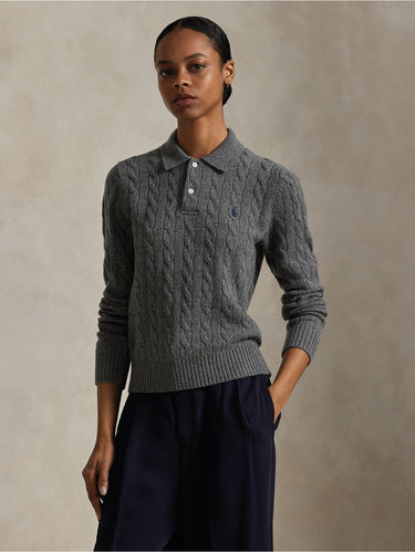 RALPH LAUREN-Maglia Polo a Trecce in Lana e Cashmere Grigio-TRYME Shop