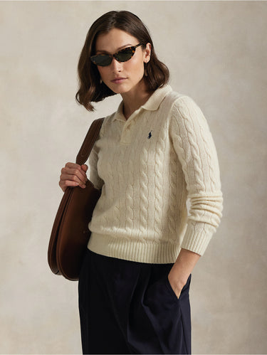 RALPH LAUREN-Maglia Polo a Trecce in Lana e Cashmere Crema-TRYME Shop