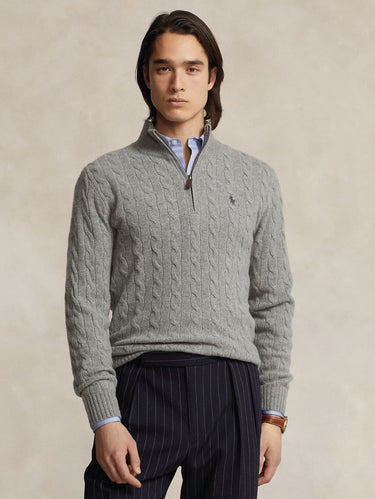 RALPH LAUREN-Maglia Mezza Zip a Trecce Grigio Melange-TRYME Shop
