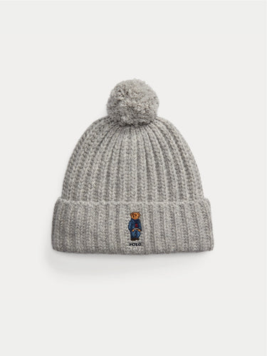 RALPH LAUREN-Cappello a Coste con Pompon e Polo Bear Ricamato Grigio-TRYME Shop