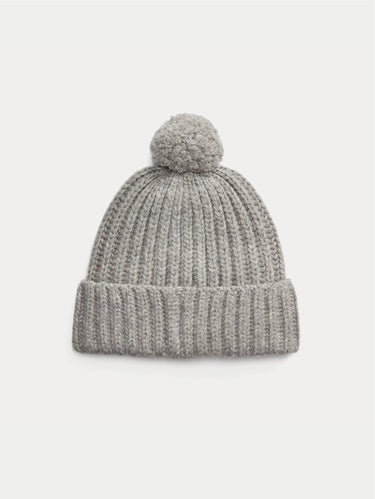 Gray Ribbed Hat with Pompon and Embroidered Polo Bear