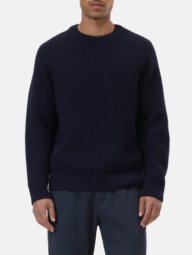 Blauer Rippenstrickpullover aus Wolle
