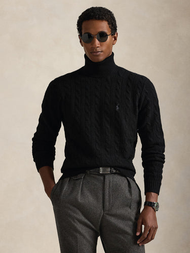 RALPH LAUREN-Maglia Collo Alto a Trecce Nero-TRYME Shop