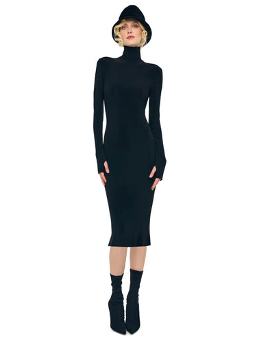 NORMA KAMALI-Abito Midi con Collo Alto in Jersey Nero-TRYME Shop