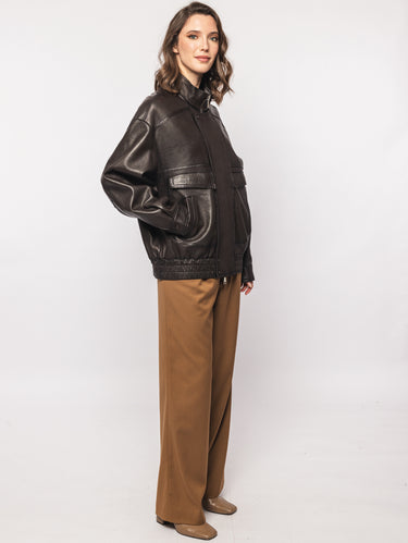 Bomber Ampio in Pelle Foderata Marrone