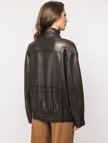 Bomber Ampio in Pelle Foderata Marrone