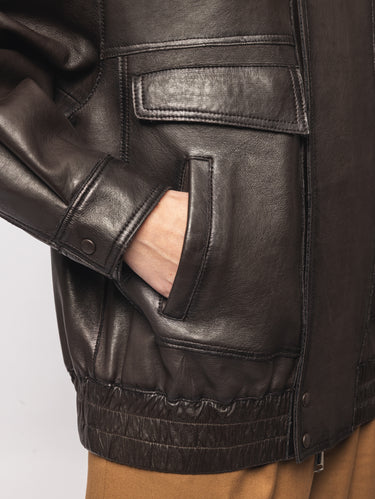Bomber Ampio in Pelle Foderata Marrone
