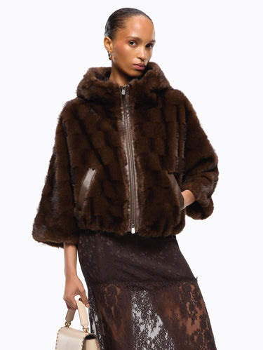 PINKO-Eco Pelliccia Con Cappuccio Marrone-TRYME Shop