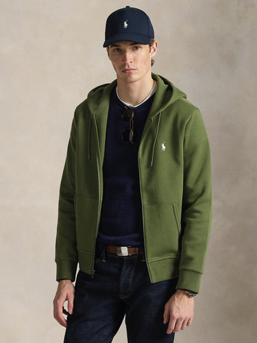 RALPH LAUREN-Felpa con Cappuccio e Zip in Maglia Doppia Verde Oliva-TRYME Shop