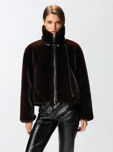 PINKO-Giacca in Tessuto Aspen Effetto Pelliccia Marrone-TRYME Shop