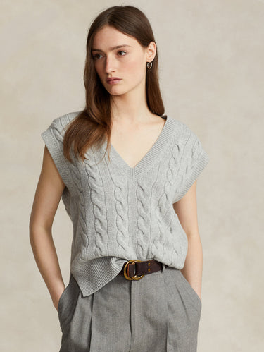 RALPH LAUREN-Gilet a Trecce in Misto Cashmere Grigio Melange-TRYME Shop