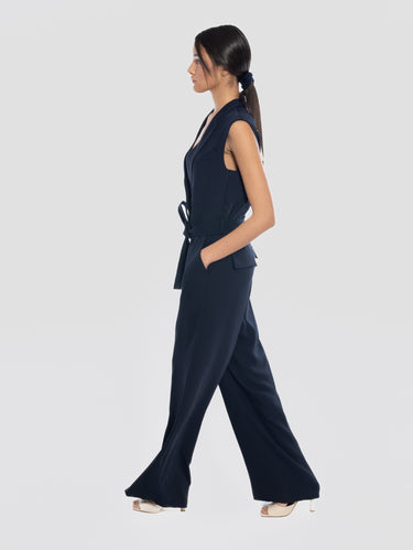 Blue Cady Jumpsuit with Draped Collar