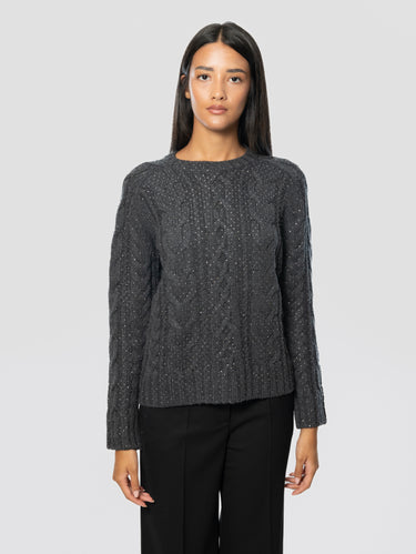 P.A.R.O.S.H.-Maglione Girocollo a Treccia Piatta con Strass Applicati Antracite-TRYME Shop