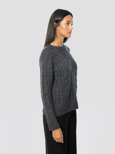 Anthracite Flat Cable-Knit Crew-Neck Sweater with Applied Rhinestones