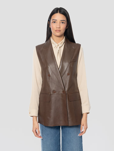 Double-Breasted Leather Vest Brown