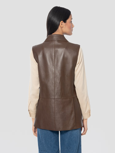 Double-Breasted Leather Vest Brown