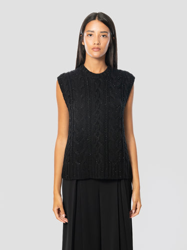 P.A.R.O.S.H.-Maglione Girocollo a Treccia Piatta con Strass Applicati Nero-TRYME Shop