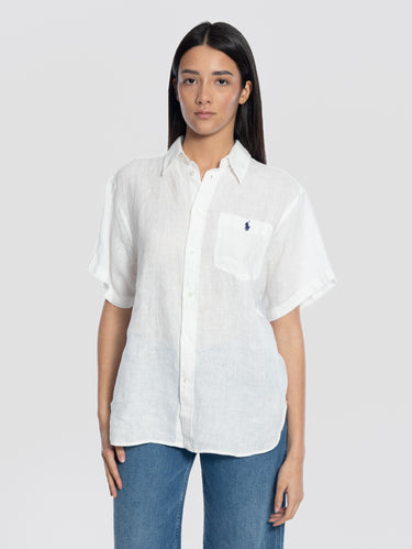 RALPH LAUREN-Camicia Oversize in Lino con Maniche Corte Bianco-TRYME Shop