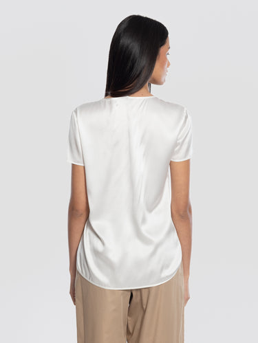 Rundhals-Bluse aus Stretch-Seide Weiß