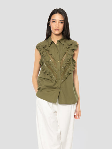 ESSENTIEL ANTWERP-Camicia Senza Mianiche con Pizzo e Volant Verde Oliva-TRYME Shop