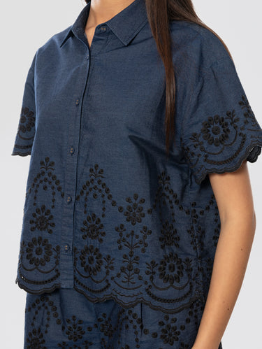 Chambray Denim Shirt with Blue Embroidery