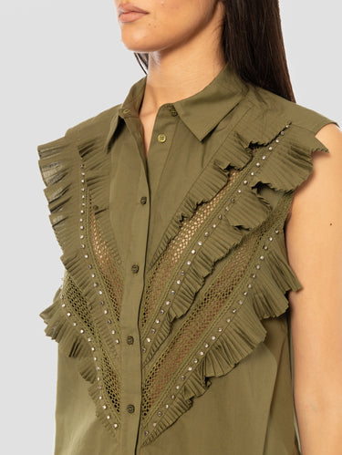 Camicia Senza Mianiche con Pizzo e Volant Verde Oliva