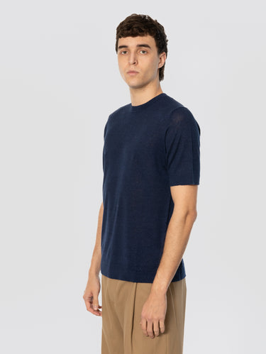 Blue Linen and Cotton Crew Neck Sweater