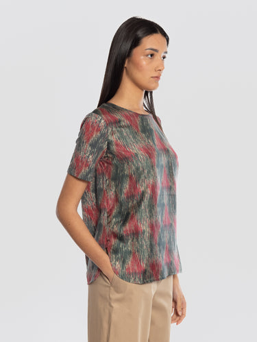 T-Shirt mit Seideneinsatz und mehrfarbigem Druck