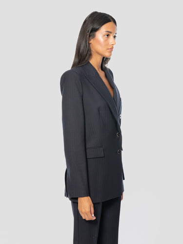 Blue Double-Breasted Herringbone Wool Jacket