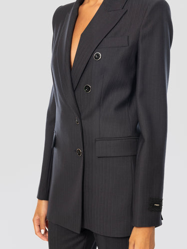 Blue Double-Breasted Herringbone Wool Jacket