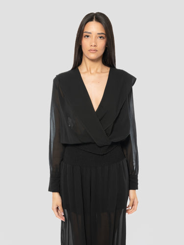 PINKO-Top con Cappuccio in Voile Semi Trasparente Nero-TRYME Shop